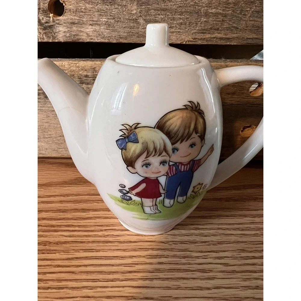 Vintage Porcelain Child's Teapot with‎ Boy and Girl Japan